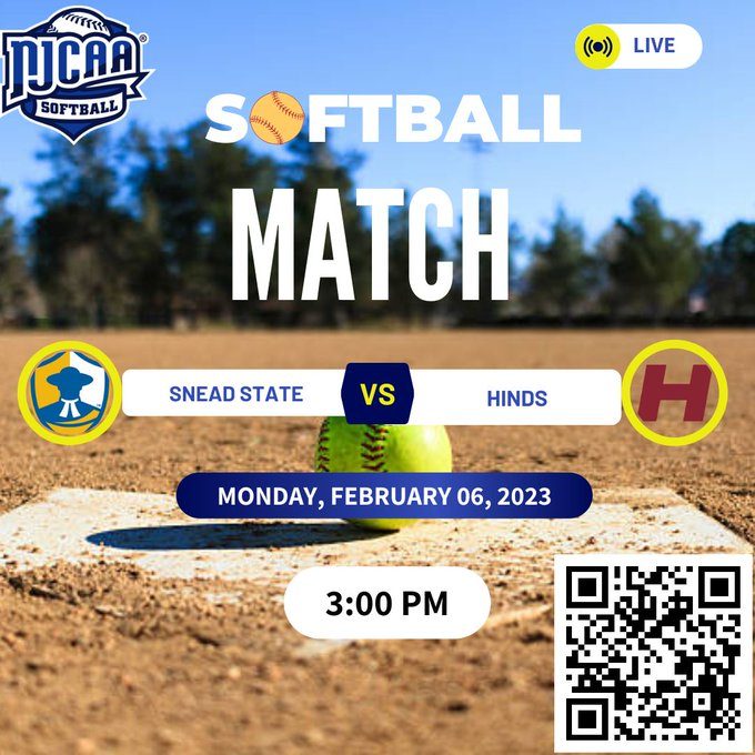 Snead State 🆚 Hinds | NJCAA SOFTBALL
⏰ 3:00 PM &amp; 5:00 PM
📆 Monday, February 06, 2023
Live Game: bit.ly/40uGoYh
<a href="/NWerremeyer/">Nathan Werremeyer</a>
@melissa_lopera
<a href="/presley_dease/">presley dease</a>
<a href="/jloroark/">Jennifer</a>
<a href="/VacikStephen/">Stephen Vacik</a>
<a href="/Plummer_07/">Plummer</a>
<a href="/Nattbugg11/">Natalie Martin</a>
@CoachBTC_
<a href="/saralong04/">Sara Long</a>
<a href="/presley_dease/">presley dease</a>
<a href="/jloroark/">Jennifer</a>
<a href="/kslong2/">Kevin Long</a>