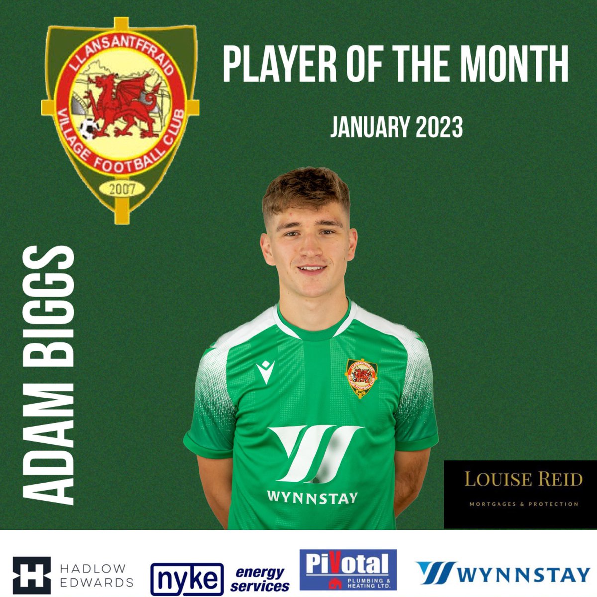 st_ffraidfc's tweet photo. 🟢⚪️ Player of the month ⚪️🟢
👏🏼Congratulations to @adambiggs99 - player of the month for Jan 2023, due to his solid performance in midfield and some great assists! Sponsored by Louise Reid Mortgages and Protection
@WynnstayGroup
@PivotalPlumbing
@NykeEnergy
@MacronWrexham https://t.co/dpxgkFa8ZF