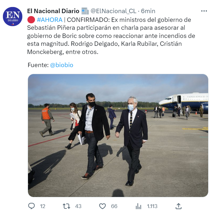 sergiou01329861's tweet photo. CONFIRMADO:
Piñera toma el control del gobierno ante la ineptitud mostrada por el Presidente Boric y los Ministros para controlar la crisis y terrible tragedia de los incendios. https://t.co/Win38Yz4a9