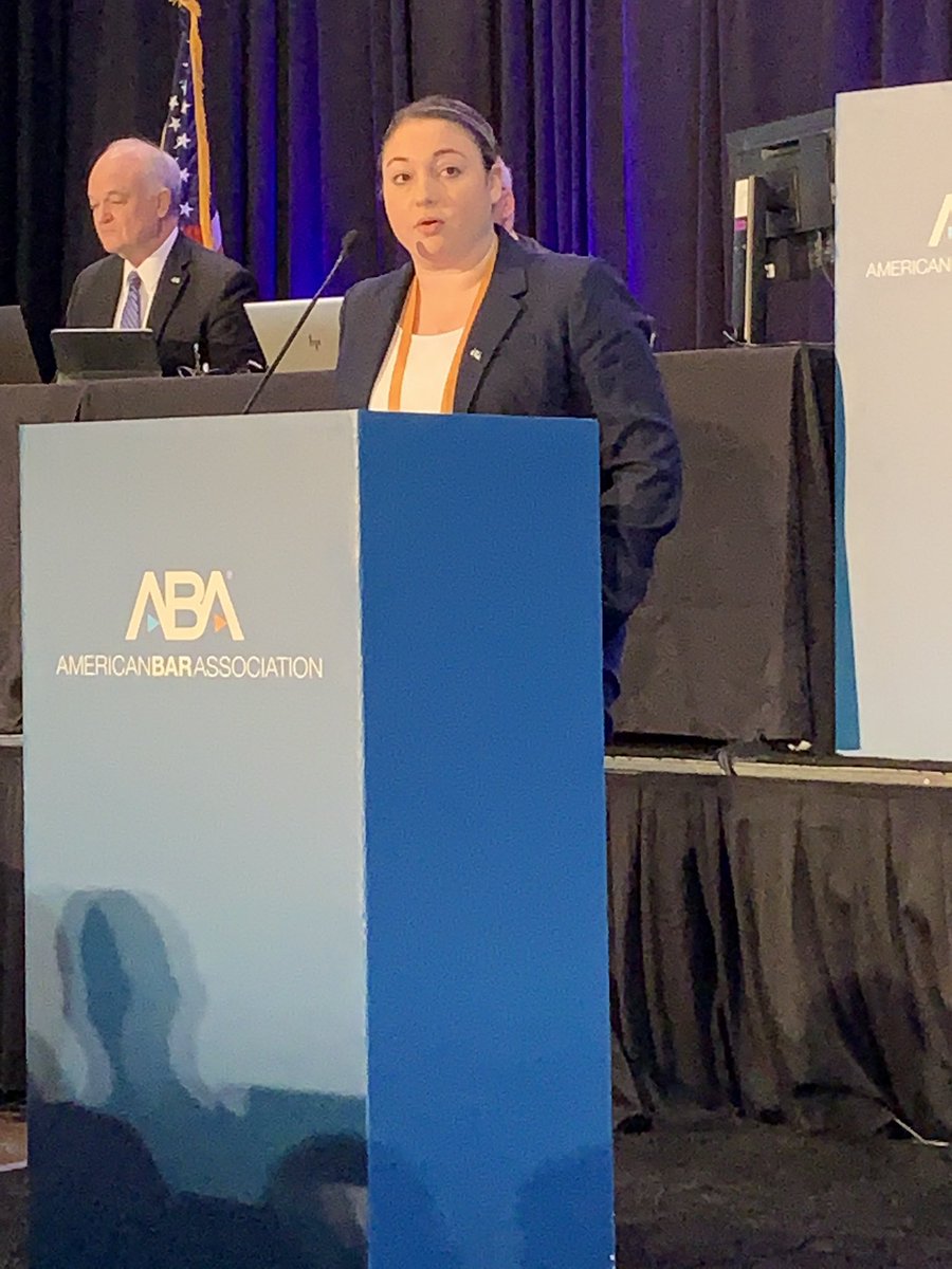 Nancecy's tweet photo. As predicted the @ABAhod debate on Resolution 300 is impassioned. @JosephineBahn rises to share the @ABAYLD Section’s support for the Resolution. Delegate Emilio Varanini speaks in opposition suggesting further study https://t.co/wKW5JeI2kk