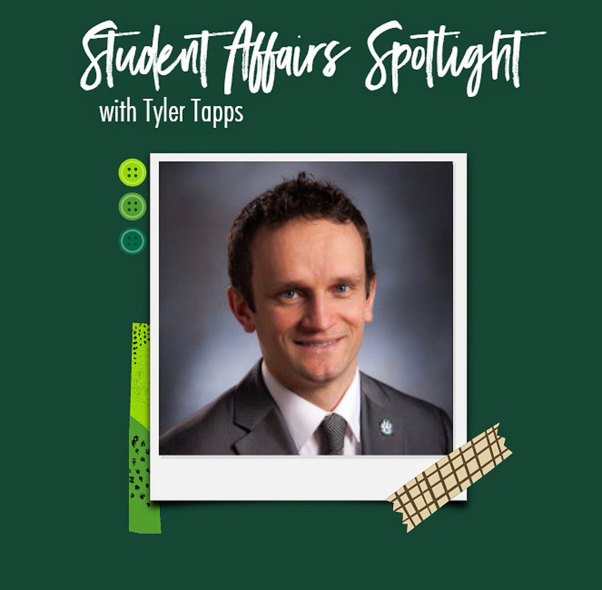 Join us in a Student Affairs Spotlight with Tyler Tapps who is the Assistant Vice President: Health and Wellbeing! Check out our Instagram and Facebook for some fun Q&amp;A! ✨ #BearcatsConnect
