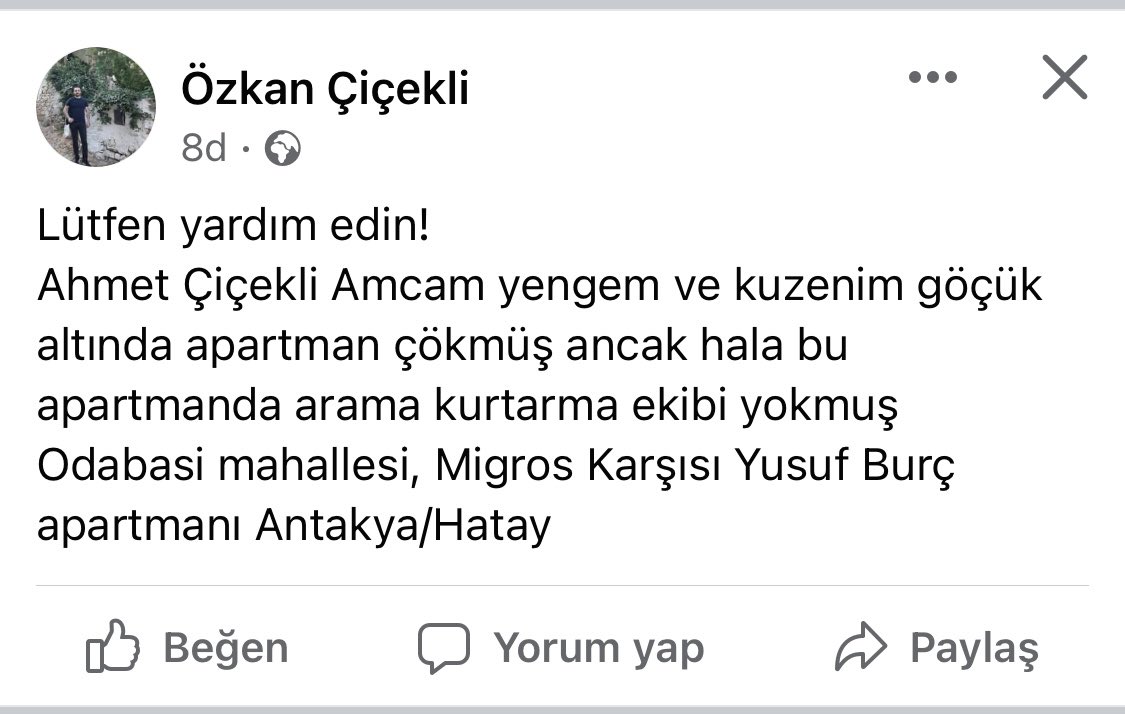 yoldasozell's tweet photo. arkadaşlar lütfen yayalım lütfen görmezden gelmeyin  #enkazaltındayım #deprem #Hatay @OguzhanUgur @haluklevent @DepremDairesi https://t.co/WvLGS6mwP2