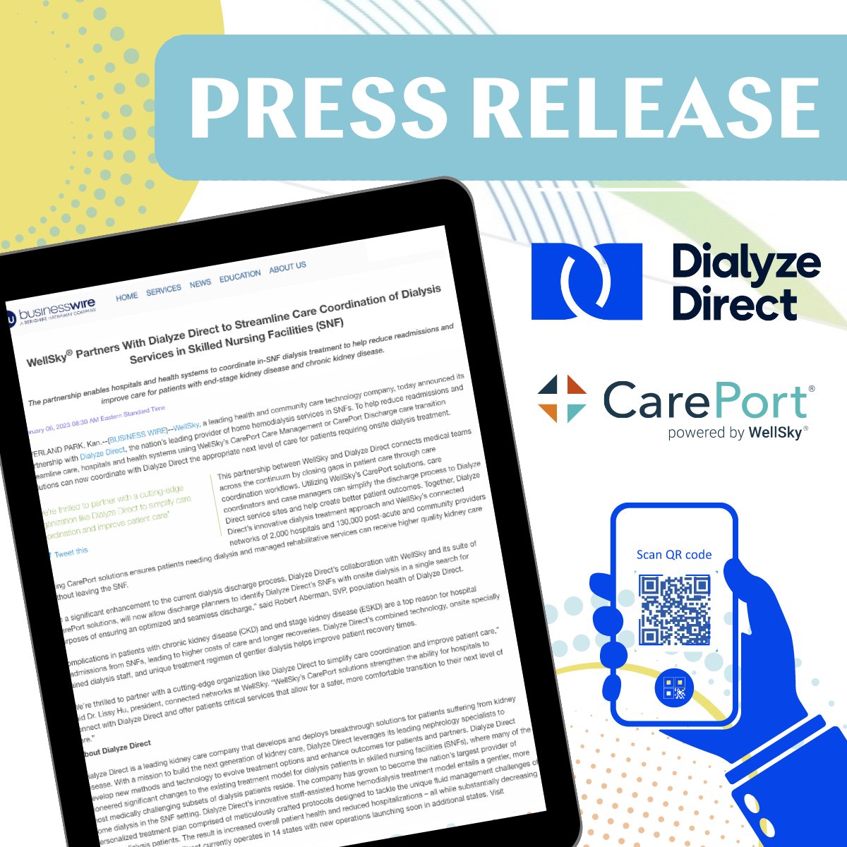 dialyzedirect's tweet photo. We are thrilled to announce that DialyzeDirect and WellSky have partnered to streamline the hospital discharge planning process.

To read the full release https://t.co/uKDvuPDsmb

@careporthealth #SNFdialysis #dialysis https://t.co/OGTQZxK7N4