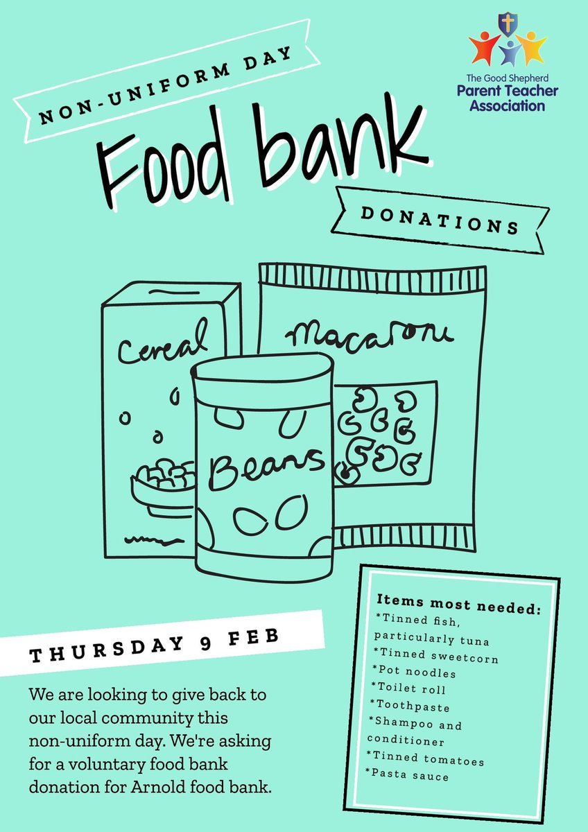 👟👕👚 NON UNIFORM DAY THIS THURSDAY 👟👕👚

This non uniform day we are asking for voluntary donations to the Arnold Food bank 🥫🧻🧴🧼 

If you have any spare carrier bags to also donate the food bank would be very grateful ❤️ @thegsaprimary