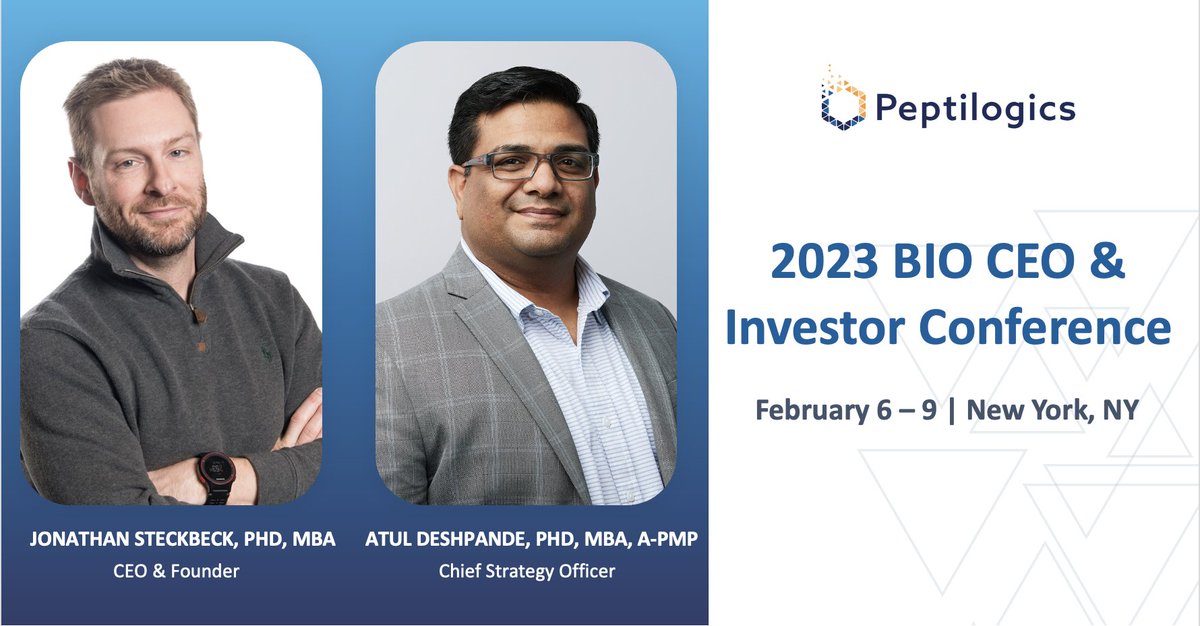 Peptilogics, Inc. (@peptilogics) on Twitter photo Our CEO & Founder, Jonathan Steckbeck, and CSO, Atul Deshpande, are attending the <a href="/IAmBiotech/">Biotechnology Innovation Organization</a> #BIOCEO23 Conference. They look forward to connecting w/ potential #investors & #partners to discuss #PJI & our progress w/ PLG0206, a next generation #peptide therapeutic in the clinic. Our CEO & Founder, Jonathan Steckbeck, and CSO, Atul Deshpande, are attending the <a href="/IAmBiotech/">Biotechnology Innovation Organization</a> #BIOCEO23 Conference. They look forward to connecting w/ potential #investors & #partners to discuss #PJI & our progress w/ PLG0206, a next generation #peptide therapeutic in the clinic.