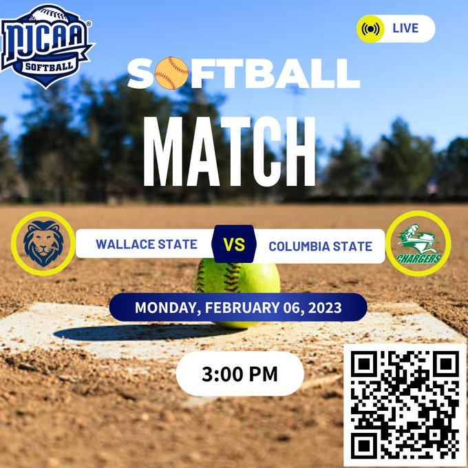 Wallace State 🆚 Columbia State | NJCAA SOFTBALL
⏰ 3:00 PM &amp; 5:00 PM
📆 Monday, February 06, 2023
Live Game: bit.ly/40uGoYh
<a href="/ColumbiaState/">Columbia State</a>
<a href="/CStateSports/">ColumbiaState Sports</a>
<a href="/CStateSoftball/">Columbia State Softball</a>
<a href="/coachk_dub/">Katie Rominger Willingham</a>
<a href="/DudleyQuan/">Quan Dudley</a>
<a href="/barclaykean/">Kean Barclay</a>