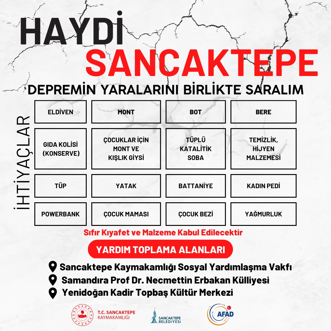HAYDİ #Sancaktepe
Yaralarımızı birlikte saralım!

Depremden etkilenen İllerdeki vatandaşlarımıza ulaştırılmak üzere;
<a href="/AFADBaskanlik/">AFAD</a> koordinesinde, Kaymakamlığımız ve <a href="/SancaktepeBeltr/">Sancaktepe Belediyesi 🇹🇷</a> işbirliğiyle yardım kampanyası başlatılmıştır.

İhtiyaç Duyulan Malzemeler ve Teslim Noktaları ⤵️