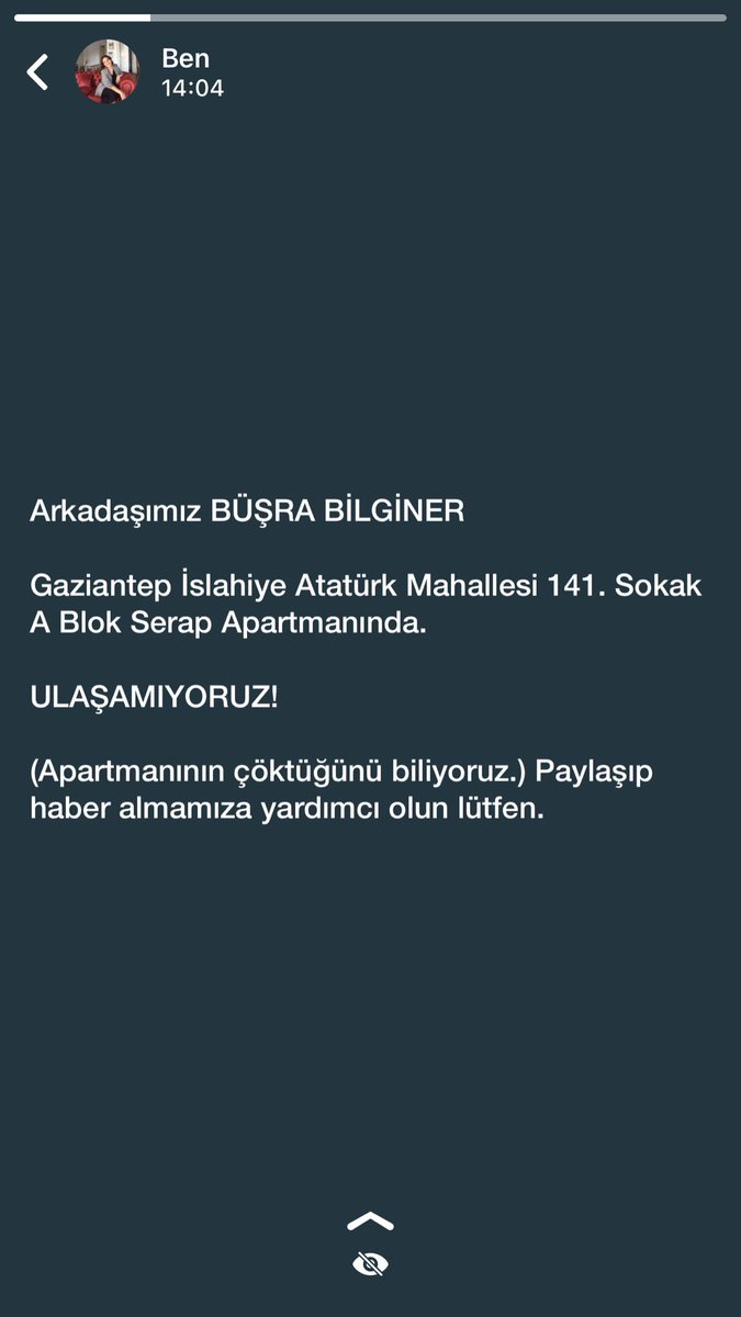 Burcuuuo's tweet photo. @haluklevent Apartmanı çökmüş diye biliyoruz ama kendisinden haber yok lütfen yardım! #ahbapgaziantep #ahbapacil #depremgaziantep @ahbap https://t.co/MEuJ6KM8aL