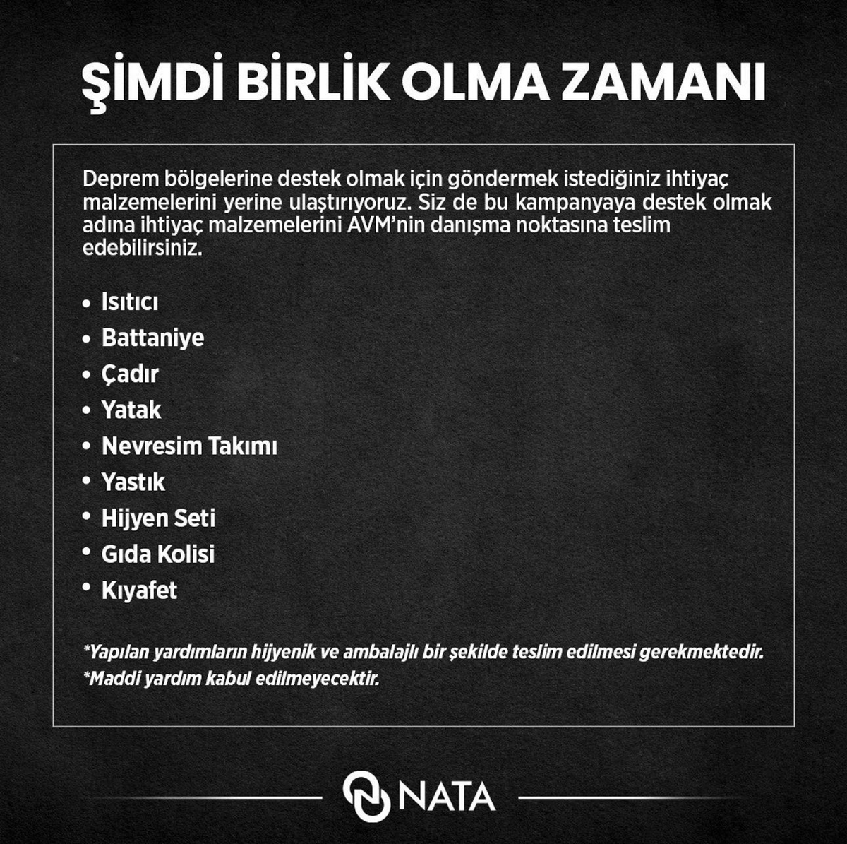 bmedyaspor's tweet photo. ANKARA DEPREM BÖLGESİ YARDIM NOKTASI 

NATA Holding'e ait Alışveriş Merkezleri NATAVEGA OUTLET ve VEGA AVM SUBAYEVLERİ bünyesinde yer alan danışma alanlarına Deprem Bölgesine ulaştırmak istediğiniz erzakları bırakabilirsiniz. https://t.co/2ekVuNLlCP