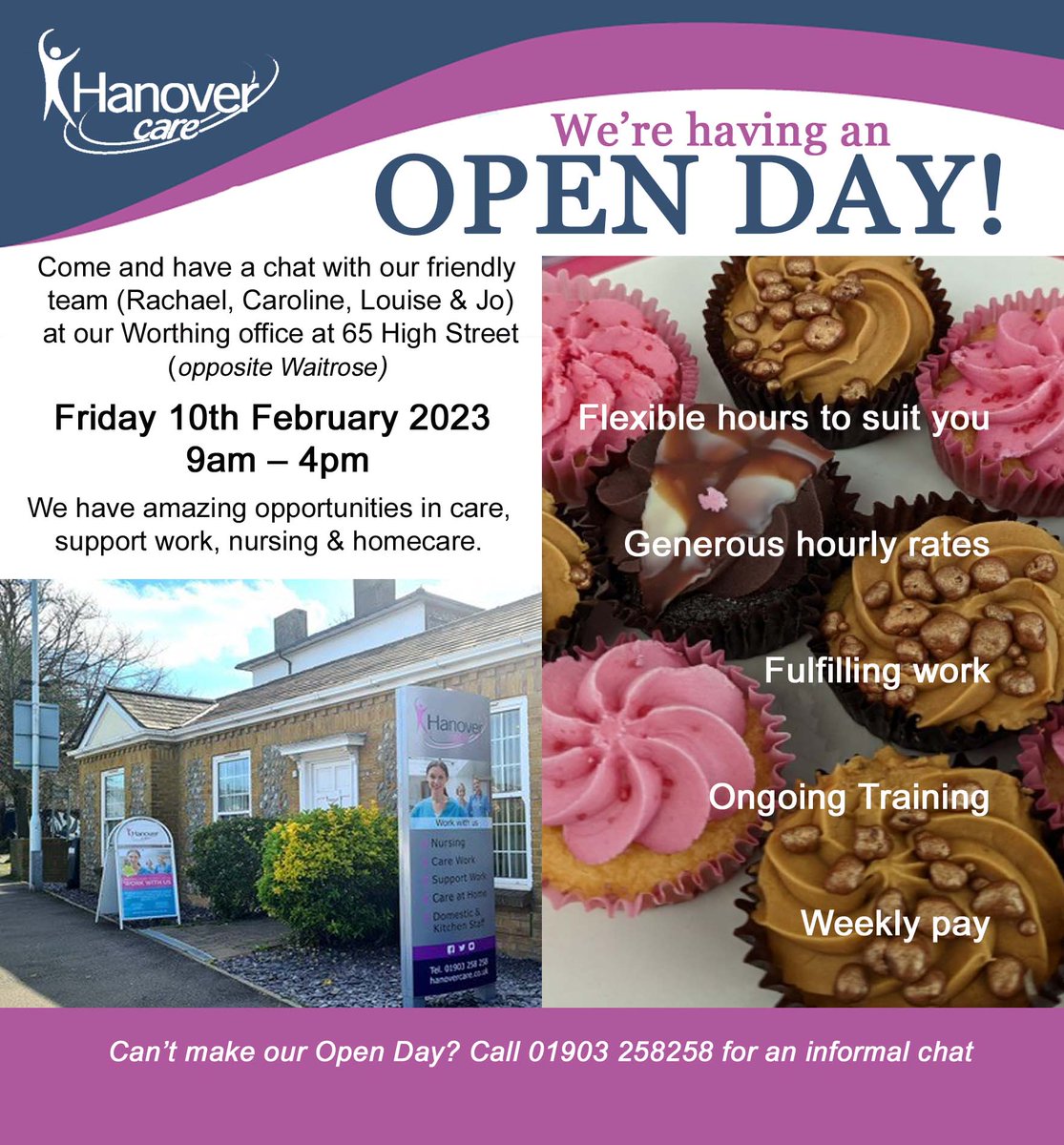 HanoverCare's tweet photo. This Friday (10th Feb) we are having an OPEN DAY at our #Worthing Office. Existing staff welcome as well as anyone looking for #care, #nursing or #supportwork.  Pop in or call on 01903 258258 or email info@hanovercare.co.uk for more details. #jobs #recruiting #sussex https://t.co/rlm03HDj6m