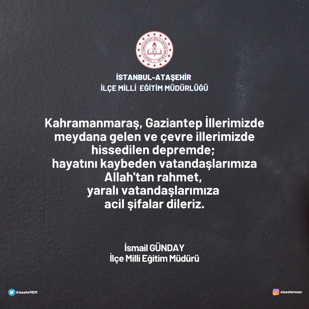 Ülkemize ve milletimize geçmiş olsun

<a href="/tcmeb/">Millî Eğitim Bakanlığı</a> <a href="/istanbulilmem/">İstanbul İl Millî Eğitim Müdürlüğü</a> <a href="/memleventyazici/">Levent Yazıcı</a> <a href="/TC_Atasehir/">T.C. Ataşehir Kaymakamlığı</a> <a href="/IHErtas/">İsmail Hakkı ERTAŞ</a> @ismail_gunday