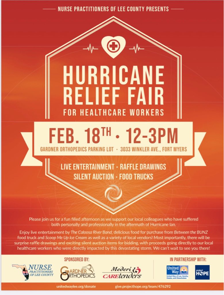 FLCRNA's tweet photo. Live in or around Lee county/ft Myers?  Check out this awesome event being hosted by the nurse practitioners of Lee county to support hurricane relief. @LeeCountyFLBOCC @CityOfFortMyers https://t.co/RoZRxkYNZR