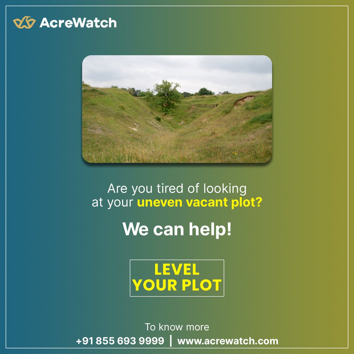 WatchAcre's tweet image. Our professional vacant plot levelling services can transform your uneven plot into a level and beautiful space. 

To know more
👨🏽‍💻 Visit acrewatch.com
📞 Call +91 855-693-9999

#propertyservices #vacantplot #plotservices #landservices #landreports #telangana #hyderabad