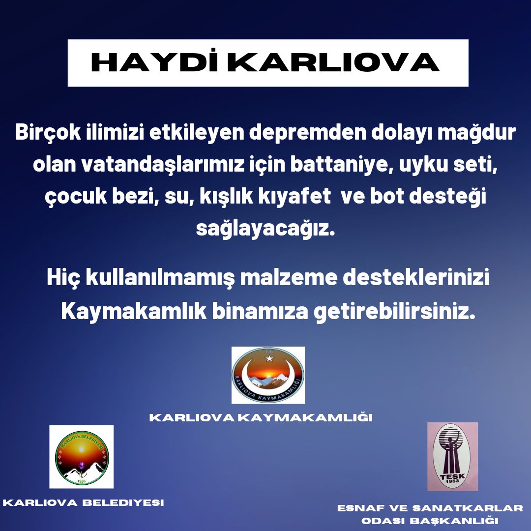 Haydi Karlıova...

Kahramanmaraş başta olmak üzere yaklaşık 10 ilde yaşanan depremden etkilenen vatandaşlarımıza ulaştırılmak üzere ilçemizde Kaymakamlık, Belediye ve Esnaf Sanatkarlar Odası işbirliği  ile yardım kampanyası başlatılmıştır.
Yardım Noktası :
➡️ Kaymakamlık Binası
