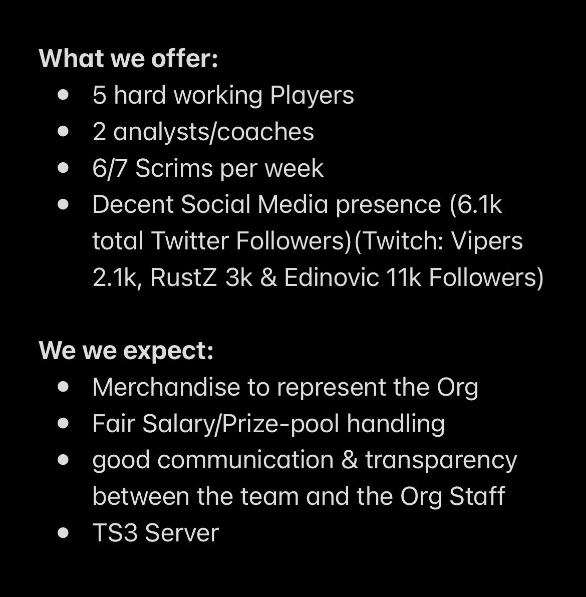 Projekt Nemesis looking for Org to represent in the upcoming #R6GSA Season 2023 

Roster:
<a href="/EdinovicR6/">Edinovic</a> (C)
<a href="/Viiroxx/">Viirox</a> 
<a href="/Cloudy_R6/">cloudy ☁️</a> 
<a href="/ButterzzR6s/">Mayo</a> 
<a href="/SemmelV2/">Semmel</a> 

For more Informations DM <a href="/EdinovicR6/">Edinovic</a> or <a href="/Nemesis_Projekt/">Projekt Nemesis</a>