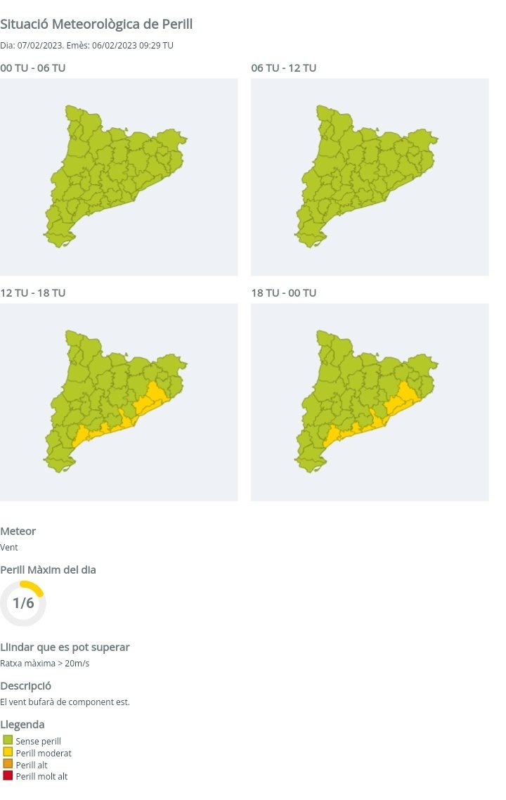 El Servei Meteorològic de Catalunya actualitza diversos #avisosSMP per avui, demà i dimecres.
Més informació a 👇
meteo.cat/prediccio/gene…