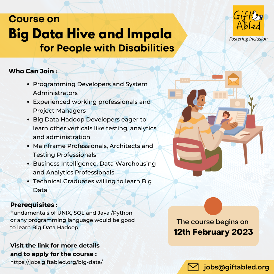 GiftAbled's tweet photo. #GiftAbled #BigData #Course
Course on Big Data Hive and Impala for People with Disabilities
who can join :
- Programming Developers and System Administrators
- Experienced working professionals and Project Managers https://t.co/gcqDAafq3S