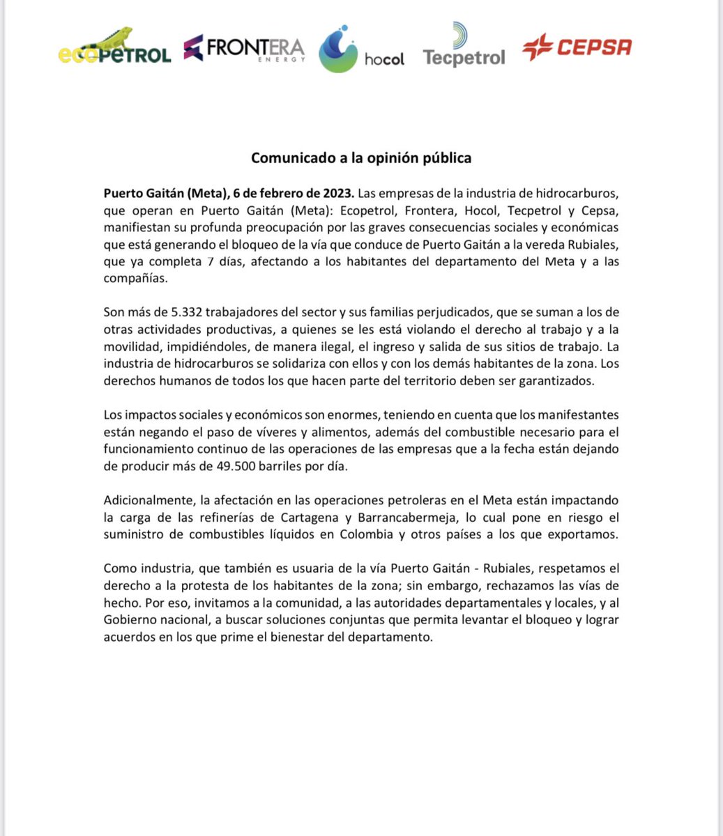 juanguilon's tweet photo. #ATENCION En riesgo más de 5.300 empleos y el suministro de combustibles para el país por bloqueos en Puerto Gaitán, la mayor zona productora de petróleo de Colombia. @ECOPETROL_SA @FronteraEnergy @Cepsa @Tecpetrol  @DianaSaray @VictorGrosso @MinInterior @Mauriciotellez 👇 https://t.co/TiAy7S8taI