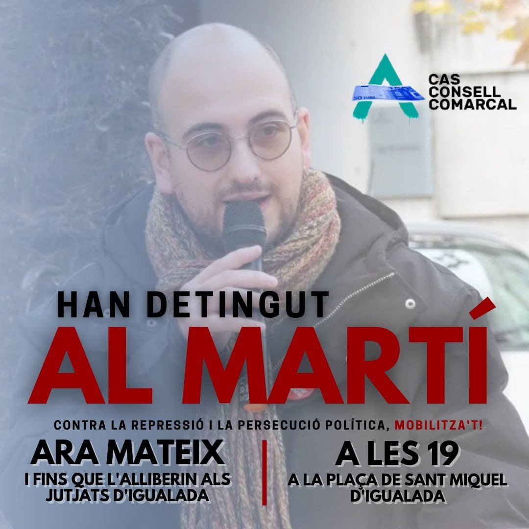 ⚠️Ja és lliure!!!

En <a href="/marticlaret_/">Martí Claret</a> ens emplaça a retrobar-nos a les 19h, a la plaça Sant Miquel, davant la seu del <a href="/ConsellAnoia/">Consell Comarcal de l’Anoia</a> per denunciar la repressió política amb la que pretenen silenciar-nos. No ho aconseguiran!

✊ Fem que l'acusació canviï de bàndol! <a href="/CasCCAnoia/">Cas Consell Comarcal de l'Anoia</a>