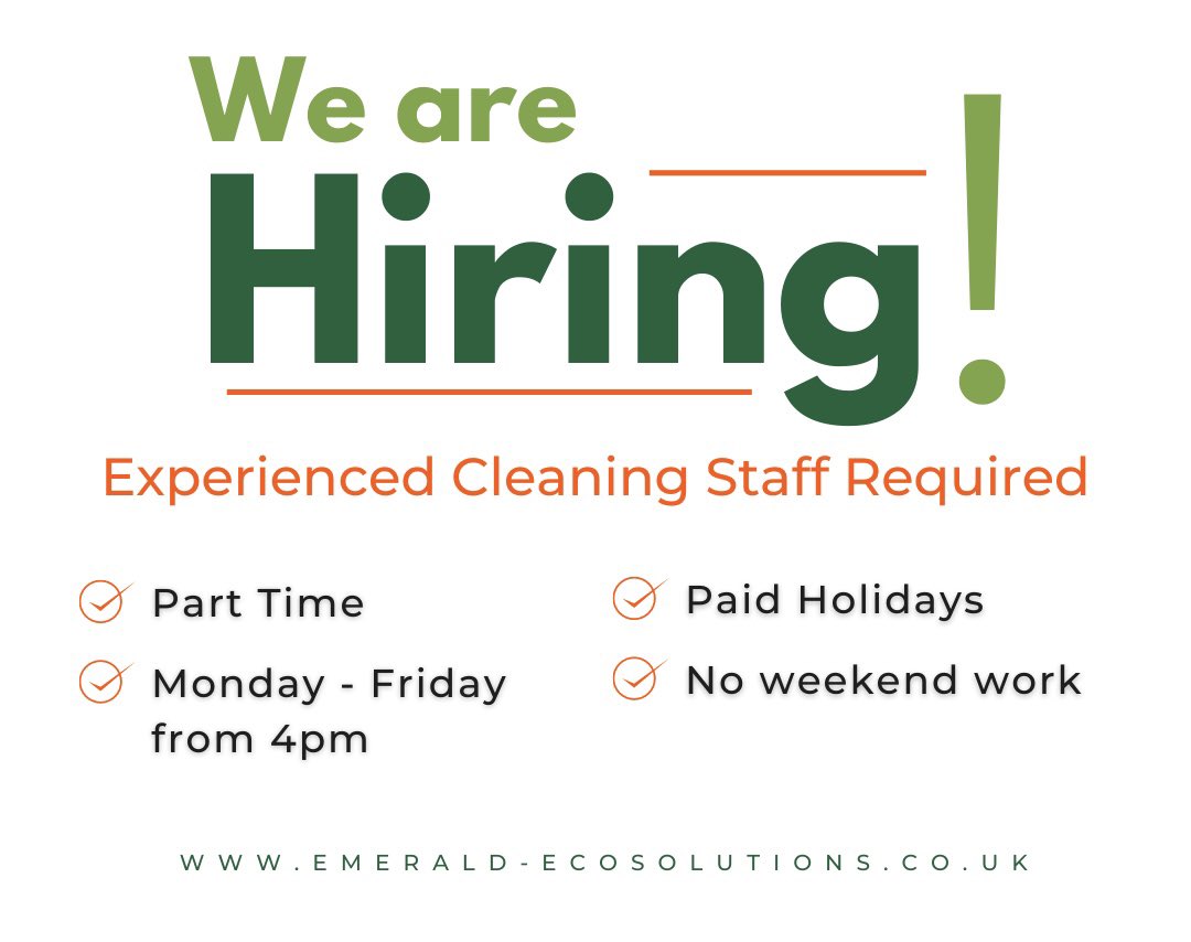 Part time Cleaning Staff required for city centre. Must have min. 2yrs commercial cleaning experience. 

15hrs per week
Mon - Fri evenings from 4pm 

NO weekend work!

hello@emerald-ecosolutions.co.uk

#aberdeenjobs #aberdeen