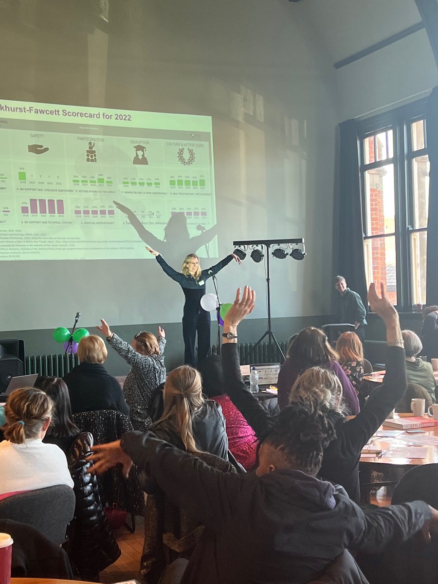 GM4Women2028's tweet photo. Hands in the air if you care about equal rights! 🙋‍♀️🙋‍♂️💜💚 @evefrancisholt Our Co-Chair of Culture and Active lives group getting us excited for a push towards gender equality with evidence from our data! #GM4Women2028 https://t.co/LJAmGMVXyK