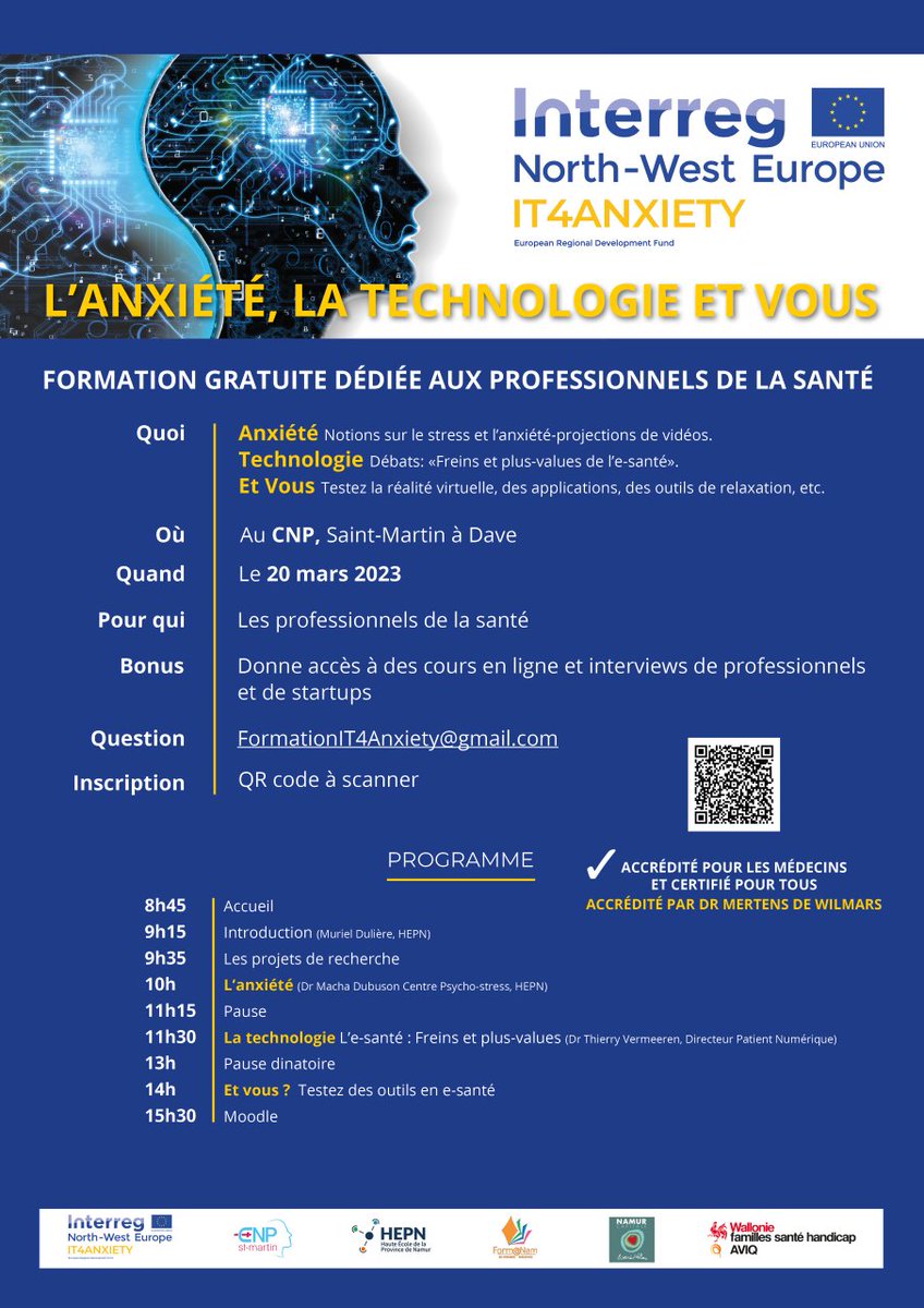 👍Come and take part to the 𝒅𝒆𝒃𝒂𝒕𝒆 about e-health during the #event-#training: 𝘼𝙣𝙭𝙞𝙚𝙩𝙮, 𝙩𝙚𝙘𝙝𝙣𝙤𝙡𝙤𝙜𝙮 𝙖𝙣𝙙 𝙮𝙤𝙪! ⤵️

📆 March 30, 2023 in #Namur!🎉
✅Free event
➡️ For registration, it's here  ow.ly/Smbk50MKl0R
#ehealth #digitalhealth #mentalhealth