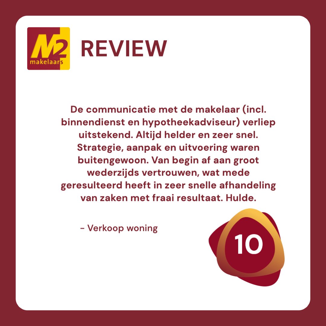 ⭐ 🆁🅴🆅🅸🅴🆆 ⭐
 
Monday motivation! 💪
Wat een geweldige review om de week mee te beginnen! 

Bedankt voor de prettige samenwerking, op naar de overdracht! 🥂

#Persoonlijk, #Actief, #Ervaren. Daarom kies je M2 Makelaars!