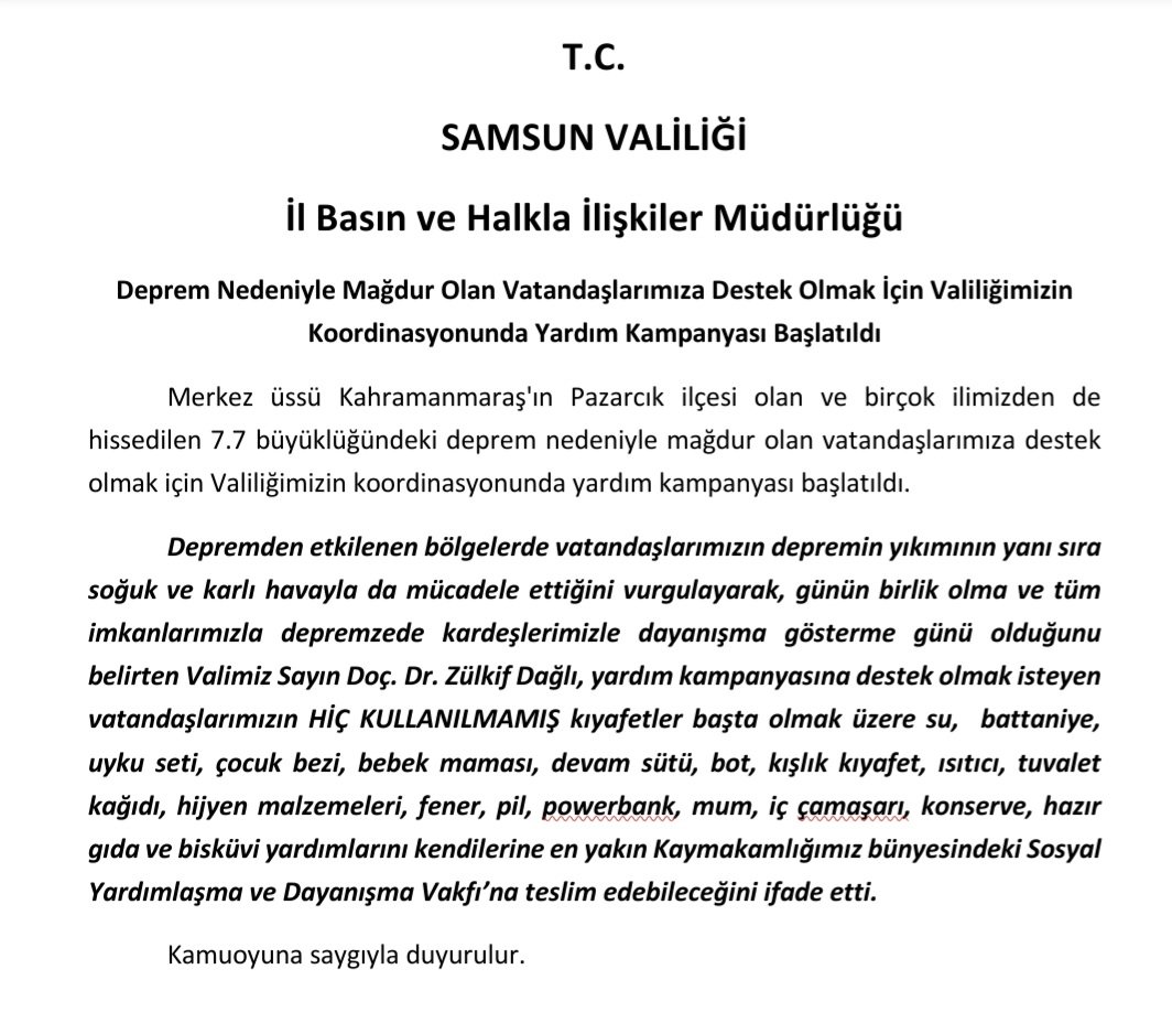 Deprem Nedeniyle Mağdur Olan Vatandaşlarımıza Destek Olmak İçin Valiliğimizin Koordinasyonunda Yardım Kampanyası Başlatıldı

samsun.gov.tr/deprem-nedeniy…

<a href="/zulkifdagli/">Doç. Dr. Zülkif Dağlı</a>