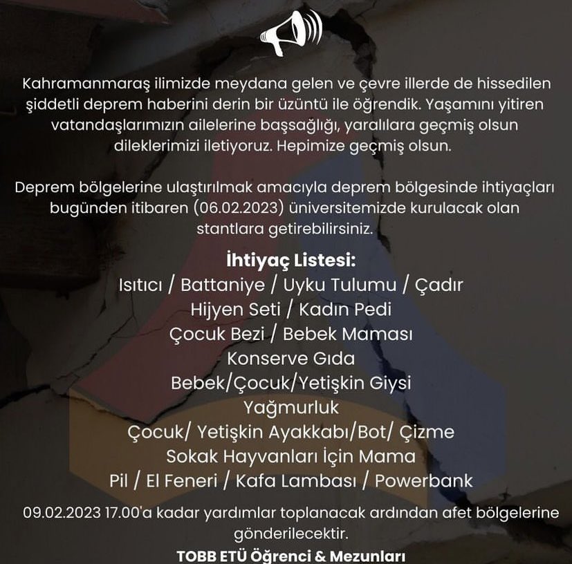 rotaetu's tweet photo. ‼️‼️ Deprem bölgelerine gönderilmek üzere toplanacak yardımları, üniversitemizde kurulacak olan stantlara bugün 15.00 itibarıyla getirebilirsiniz. 

09.02.2023 17.00’a dek toplanacak olan yardımlar deprem bölgelerine gönderilmek üzere yola çıkacaktır. https://t.co/12rUNUiKi4