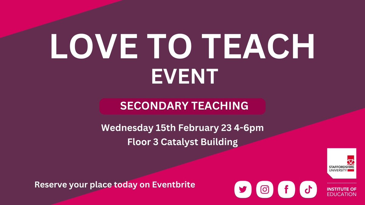 UniofStaffsIOE's tweet photo. #StaffsUni Students... fall in love with #teaching at one of our 3 events this #valentines week.
Meet with our Secondary Teaching specialists over free refreshments &amp; chat about how to use your degree to #traintoteach.

Reserve your place:
https://t.co/hrfIOTly5w 
#LoveToTeach https://t.co/r41Qg8zVSQ