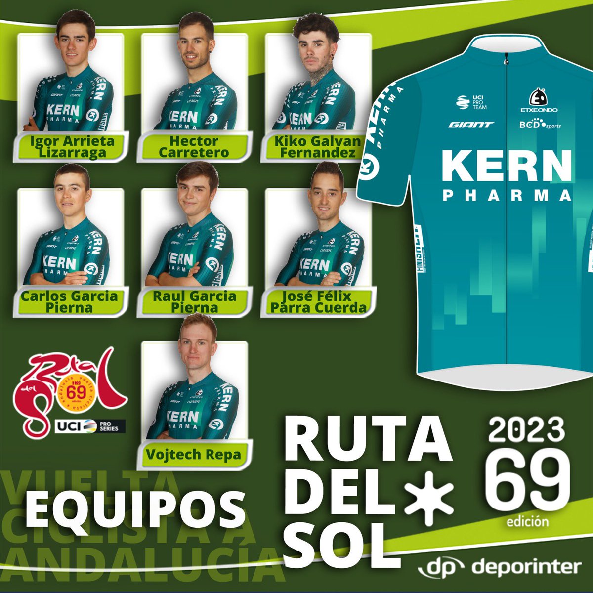 🟢 @EqKernPharma, a dar batalla en la Ruta del Sol 

El campeón de España contra el crono Raúl García Pierna, Héctor Carretero, José Félix Parra, Kiko Galván, Igor Arrieta, Carlos García Pierna y Vojtech Repa forman la escuadra farmacéutica

#69RdS #UCIProSeries #AIOCC