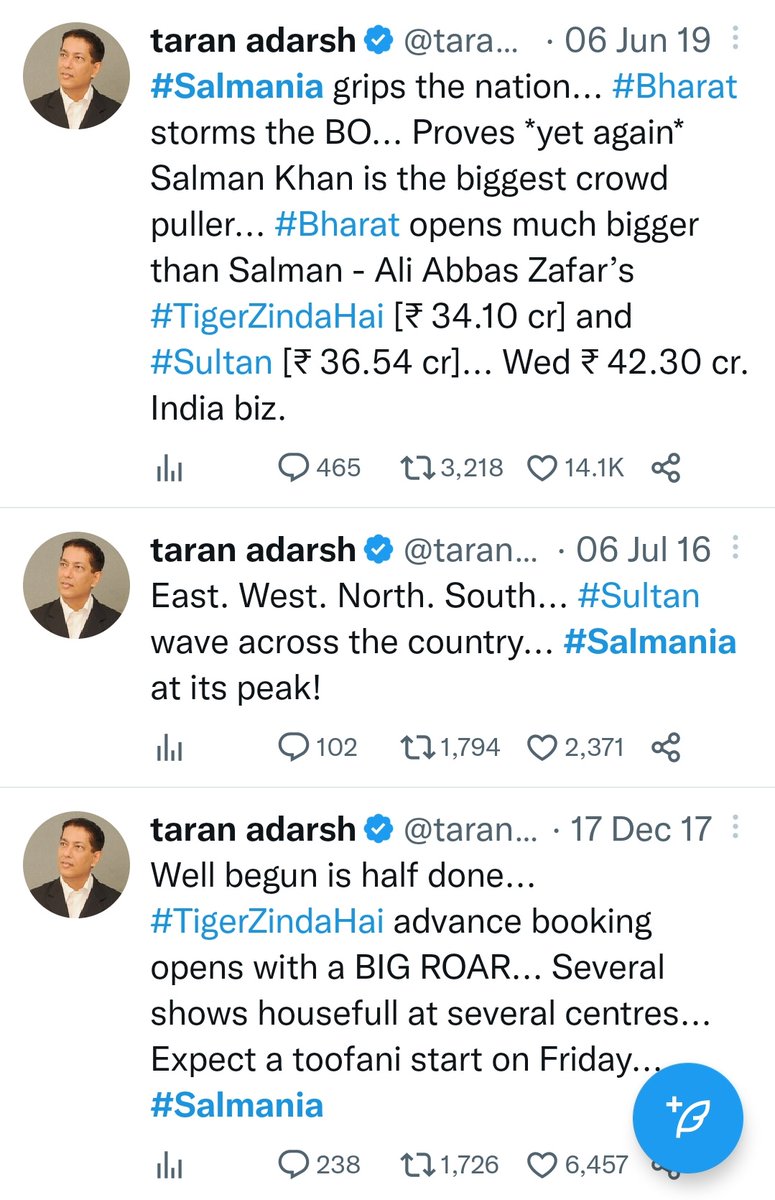 BeingAdharv's tweet photo. Even Taran Adarsh knows the difference between Sheer STARDOM and a Fluke Movie..
For Srgay It's #PathaanMania
For the biggest MEGASTAR It's #Salmania 🔥🔥🔥 https://t.co/F5EtOvFw3W