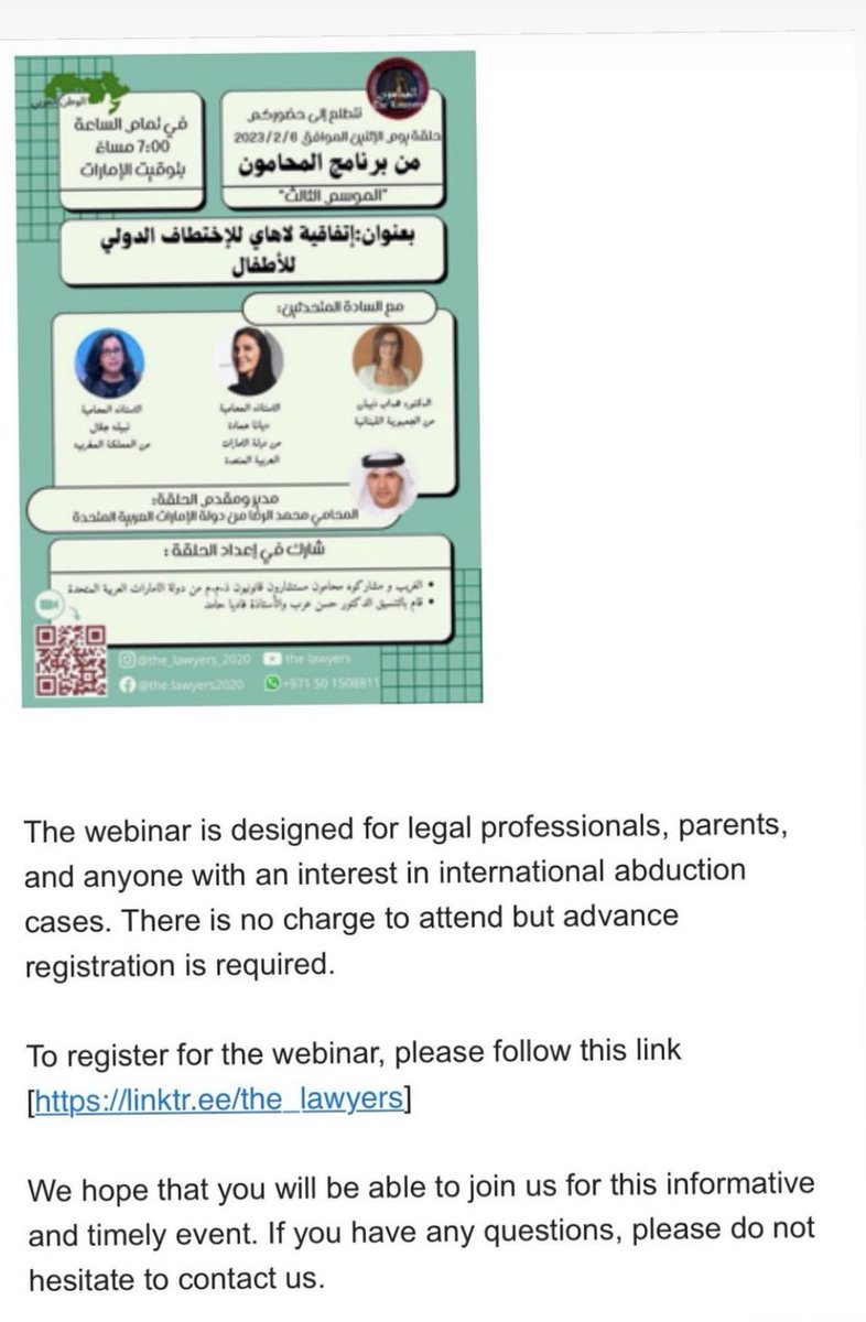 Extending this invite to attend today at 7:00 pm the panel discussion on The Hague Convention on Child abduction. Please note the discussion will be in Arabic. us06web.zoom.us/webinar/regist… <a href="/advgharib/">Adv. Mukhtar Gharib</a>