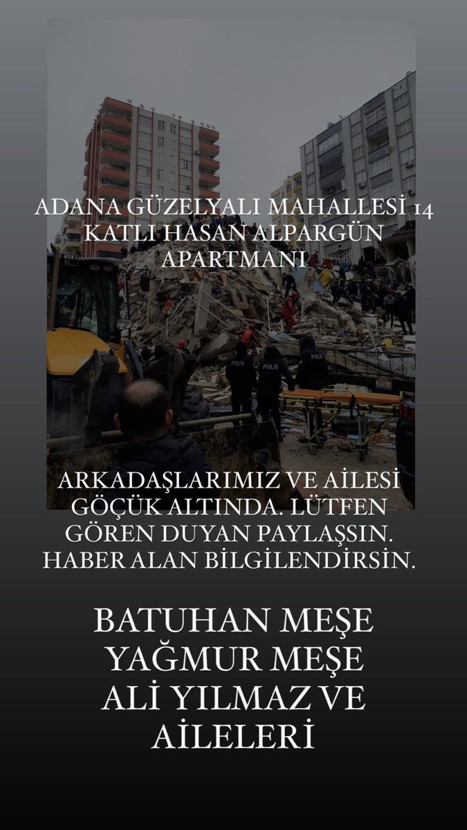 dilakonas's tweet photo. #deprem #adana @AFADBaskanlik @DepremDairesi LÜTFEN GÖREN DUYAN OLURSA BİLGİLENDİRSİN. ADANA GÜZELYALI MAHALLESİ 81174. SOKAK HASAN ALPARGÜN APARTMANI https://t.co/KUwM5I6IHn