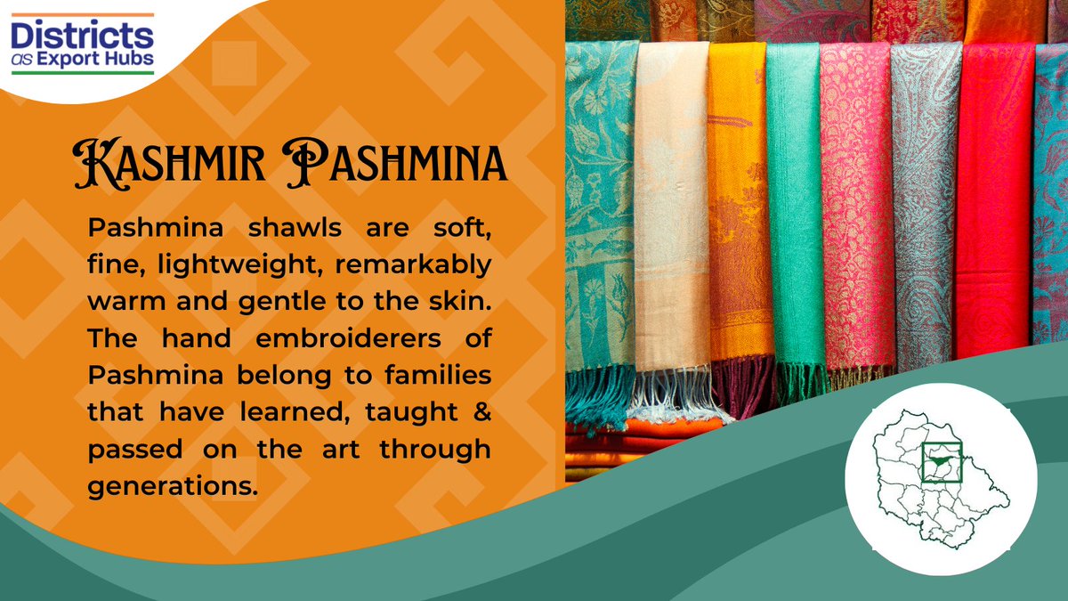 DEH_DGFT's tweet photo. Pashmina is considered the finest craftsmanship in the world for winters.
Cashmere fiber has a micron count of just 12 to 16 microns and is four times thinner than human hair!
#TaleofTextiles #India #DistrictsAsExportHubs https://t.co/UEgSuRYoG9