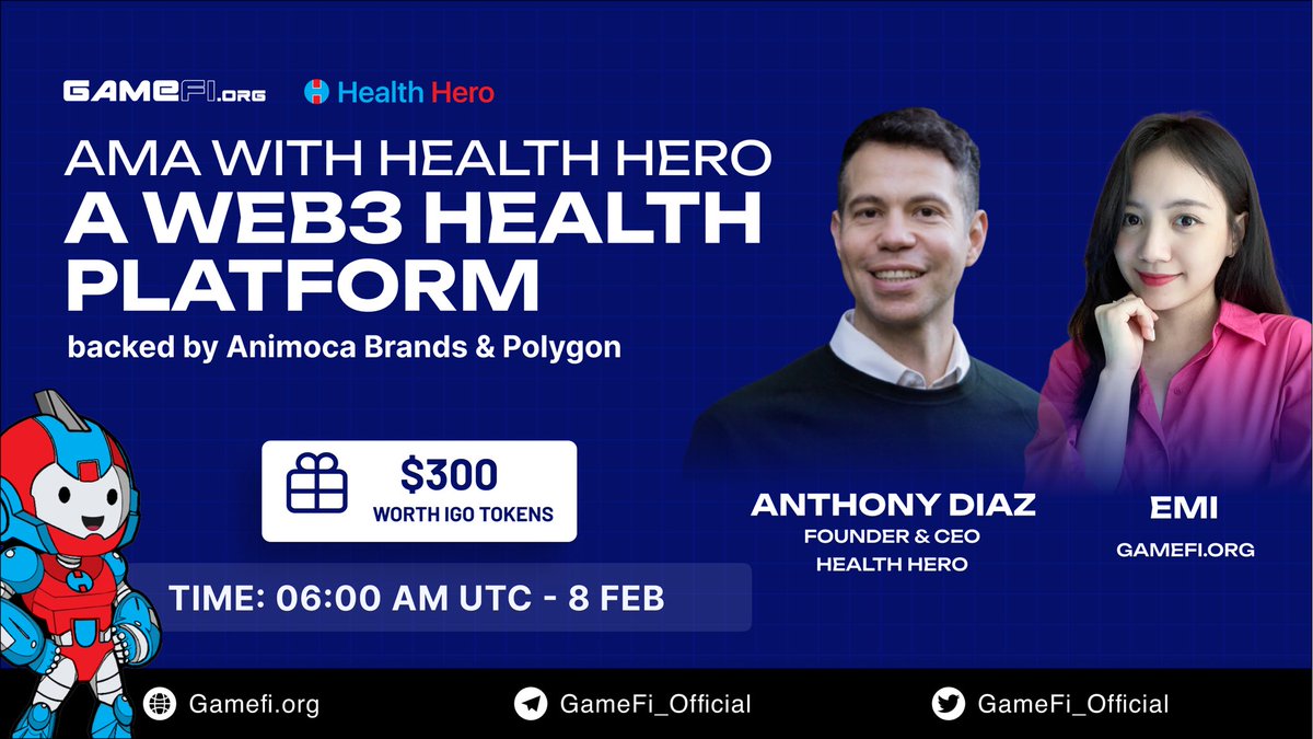 🤗💬Come and join us for a Twitter Spaces with Anthony Diaz - Founder &amp; CEO of Health Hero

⏲️Time: 06:00 UTC, Feb 8, 2023
💵Reward: $300 worth IGO token

Rules:
▪️Follow <a href="/GameFi_Official/">GAMEFI.ORG</a> &amp; @GoHealthHero
▪️Like &amp; Retweet &amp; drop 1 question
▪️Join x.com/i/spaces/1MYxN…

$GAFI