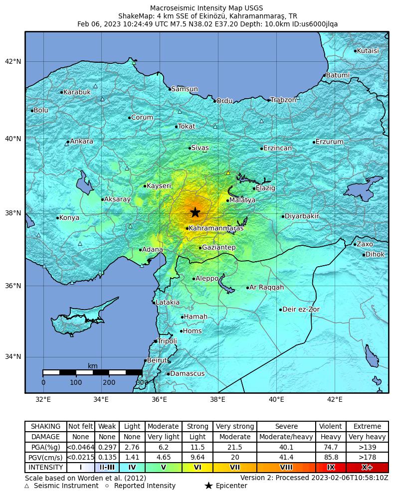 USGS_Quakes's tweet photo. Following the M7.8 EQ, a M7.5 aftershock struck at ~1:30 pm local time. Significant and widespread damage is likely. More aftershocks will occur. Follow @Kandilli_info for local information. https://t.co/KLLmXlfS70 https://t.co/Kh825PfB11
