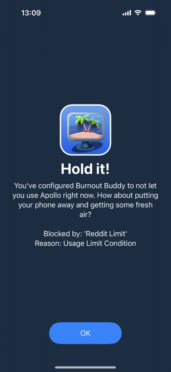 BurnoutBuddy's tweet photo. Just released a big update to Burnout Buddy! 🥳 Besides some UI/UX improvements, you're now able to see precisely which schema/condition is preventing an app from being launched. 😁 https://t.co/zOcDW39kxr