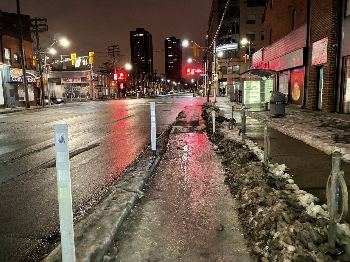 Hi <a href="/311Toronto/">311 Toronto</a>, there’s a sheet of ice in bike lane eastbound just west of Avenue and Davenport. Please remove the new cycling infra here as it is clear the city did not resource winter maintenance therefor. <a href="/CycleToronto/">Cycle Toronto</a>