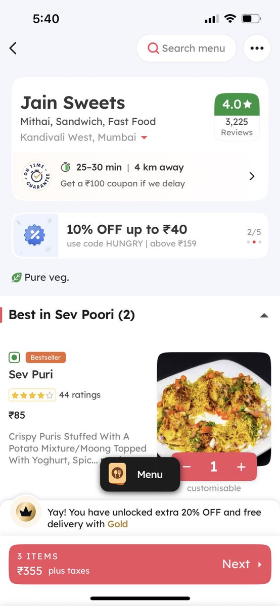 sudeshsolaskar's tweet photo. @zomato why there is discrepancy between guaranteed delivery time.  On restaurant’s page it shows 25-30 min and while checking out it shows 35-40 mins. #zomatogold https://t.co/hmmzY5D9WC