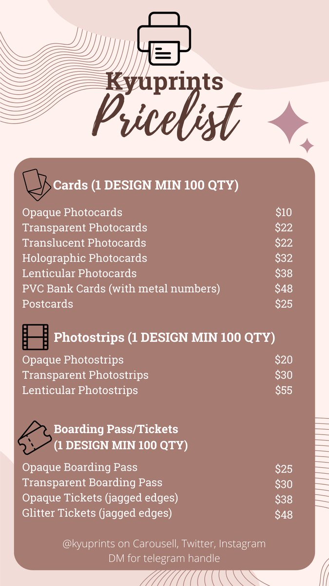 kyuprints's tweet photo. ✨ UPDATED PRICELIST ✨

with effect from feb 2023, all prices will be as reflected in this new price thank you for your unwavering support thus far 🌸 

💘 kyuprints https://t.co/BnpmOGpm6y