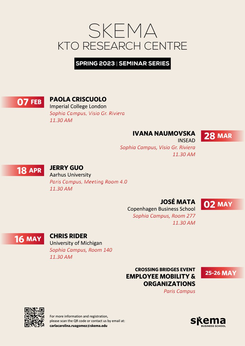 📢The SKEMA KTO Spring Seminar Series begins tomorrow at 11.30 CET with Paola Criscuolo (<a href="/IBiande/">Imperial Innovation & Entrepreneurship</a>) presenting work co-authored with Jiho Yang and Brian Silverman on the org. structure of R&amp;D and firm innovation. [Free registration for online attendance: forms.gle/A8LERE6hWG8ifL…]