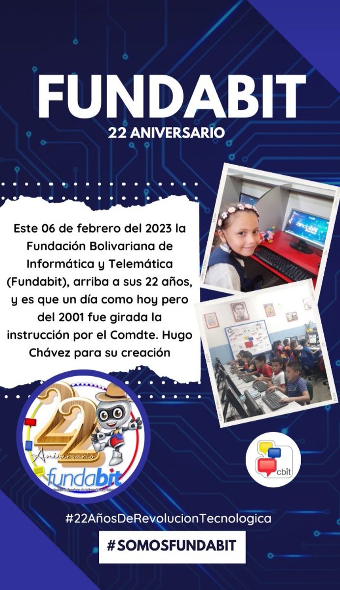¡Fundabit celebra sus 22 aniversario!
Iniciamos la semana felicitando a todos y a cada uno de los tutores que dan vida en los espacios Cbit, en ésta hermosa patria como los es Venezuela.🎉🖥️🇻🇪
<a href="/NicolasMaduro/">Nicolás Maduro</a> <a href="/_LaAvanzadora/">Yelitze Santaella</a> <a href="/FundabitBnas/">Fundabit Barinas</a> #SomosFundabit