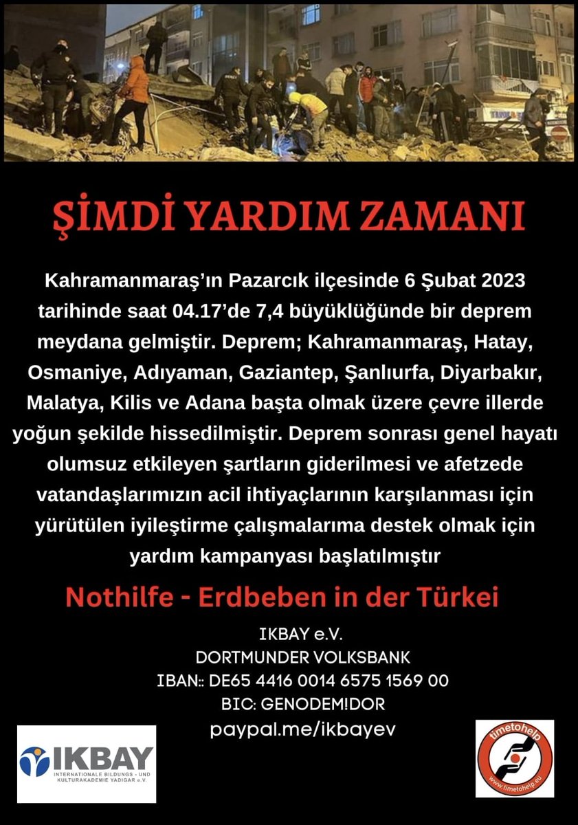 IkbayeV's tweet photo. ŞİMDİ YARDIM ZAMANI

Deprem sonrası genel hayatı olumsuz etkileyen şartların giderilmesi ve afetzede vatandaşlarımızın acil ihtiyaçlarının karşılanması için yardım kampanyası başlatılmıştır. https://t.co/nrLXzMaaES