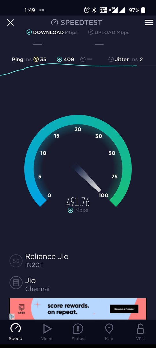 IAMVETRISELVAN's tweet image. We got @reliancejio #5G network coverage in Thanjavur... This is a @Speedtest screenshot from my @OnePlus_IN #Oneplus8 device...
