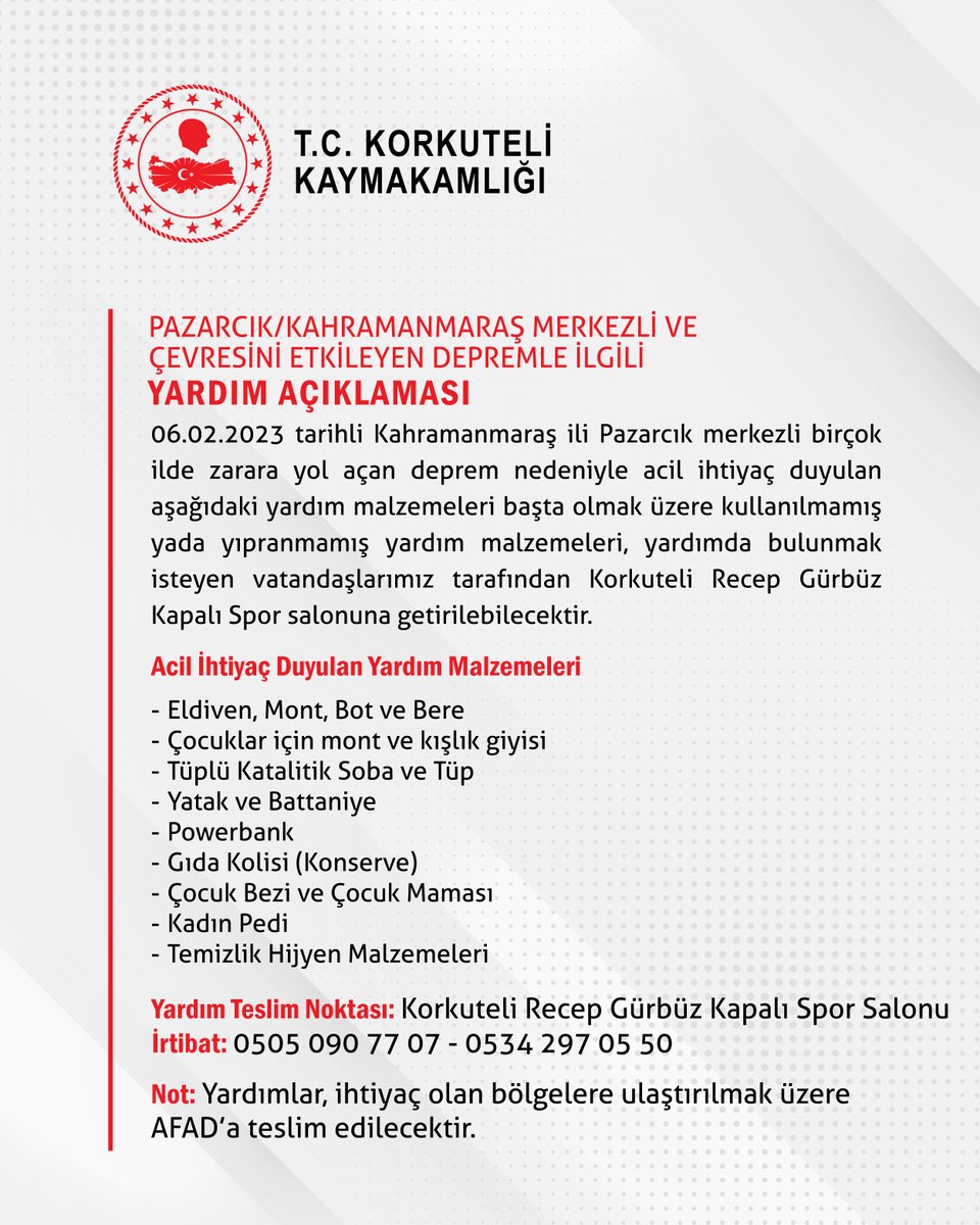 TCKorkuteli's tweet photo. Pazarcık/Kahramanmaraş Merkezli ve Çevresini Etkileyen Depremle İlgili Yardım Kampanyası.  https://t.co/E9xA3woQJQ https://t.co/cHslxX5RqV