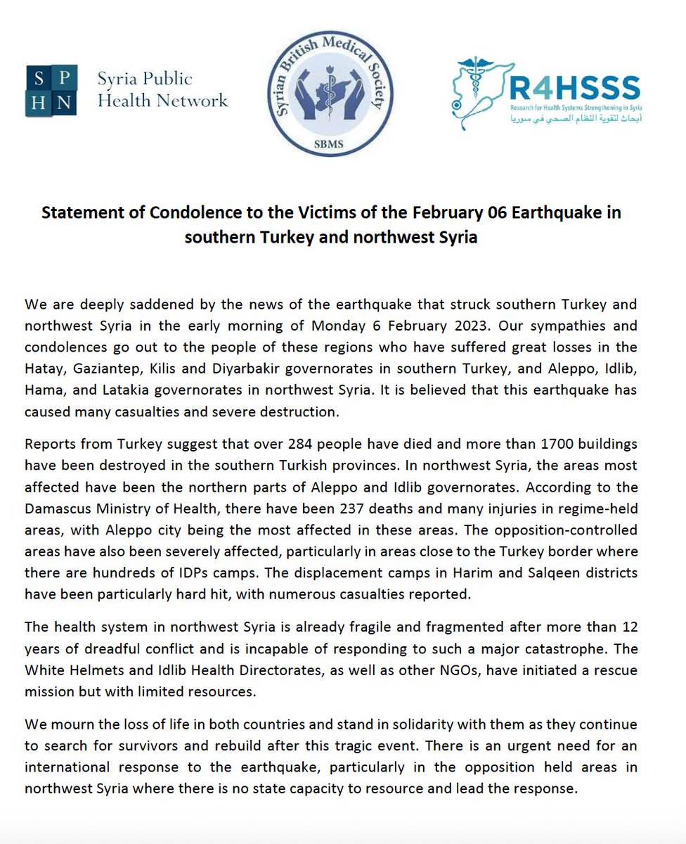 R4HSSS's tweet photo. On behalf of @HealthSyria @SBMSociety @R4HSSS 
we mourn the loss of life in today's #earthquake &amp; stand in solidarity. There is an urgent need for an int response, esp in NW #Syria where there is no state capacity to resource &amp; lead the response 

https://t.co/W6DI1w23NP https://t.co/ycZBINvO52