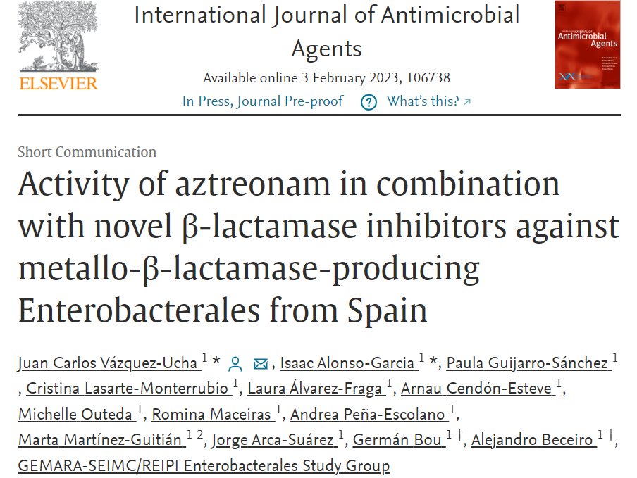Jorge Arca Suárez (@arcasuarez90) on Twitter photo Glad to see finally published in #IJAA our latest work exploring potential aztreonam/BLI combinations against MBL-producing Enterobacterales. Promising results against a currently uncovered therapeutic niche! Congrats to all, specially <a href="/jcvazquezucha/">Juan C. Vázquez-Ucha</a>! <a href="/GemaraSeimc/">@GEMARA_SEIMC</a> <a href="/ABsteward/">Antibiotic Steward Bassam Ghanem 🅱️C🆔🅿️🌟</a> Glad to see finally published in #IJAA our latest work exploring potential aztreonam/BLI combinations against MBL-producing Enterobacterales. Promising results against a currently uncovered therapeutic niche! Congrats to all, specially <a href="/jcvazquezucha/">Juan C. Vázquez-Ucha</a>! <a href="/GemaraSeimc/">@GEMARA_SEIMC</a> <a href="/ABsteward/">Antibiotic Steward Bassam Ghanem 🅱️C🆔🅿️🌟</a>