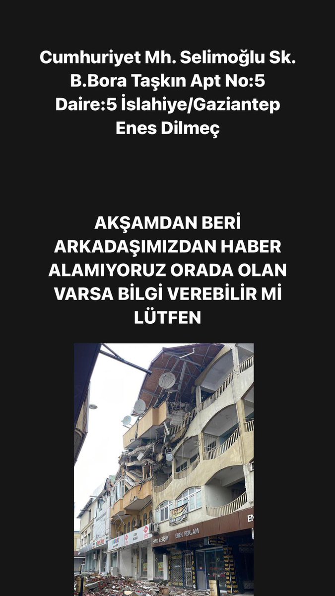 gokhanlayislii's tweet photo. Arkadaşımızdan dünden beridir haber alamıyoruz Gaziantep İslahiye de resimde gözüken sarı binada oturuyordu lütfen sesimiz duyurun. #AFAD #deprem @AFADGaziantep @AFADBaskanlik @ahbap https://t.co/f3gQGnGjvf