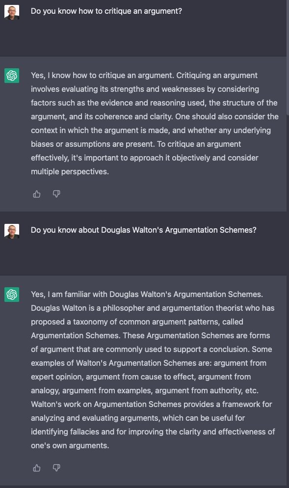 sbuckshum's tweet image. I'm impressed that #ChatGPT not only knows what Doug Walton's #Argumentation Schemes are (en.wikipedia.org/wiki/Argumenta…) but that it can recognise them, and critique them